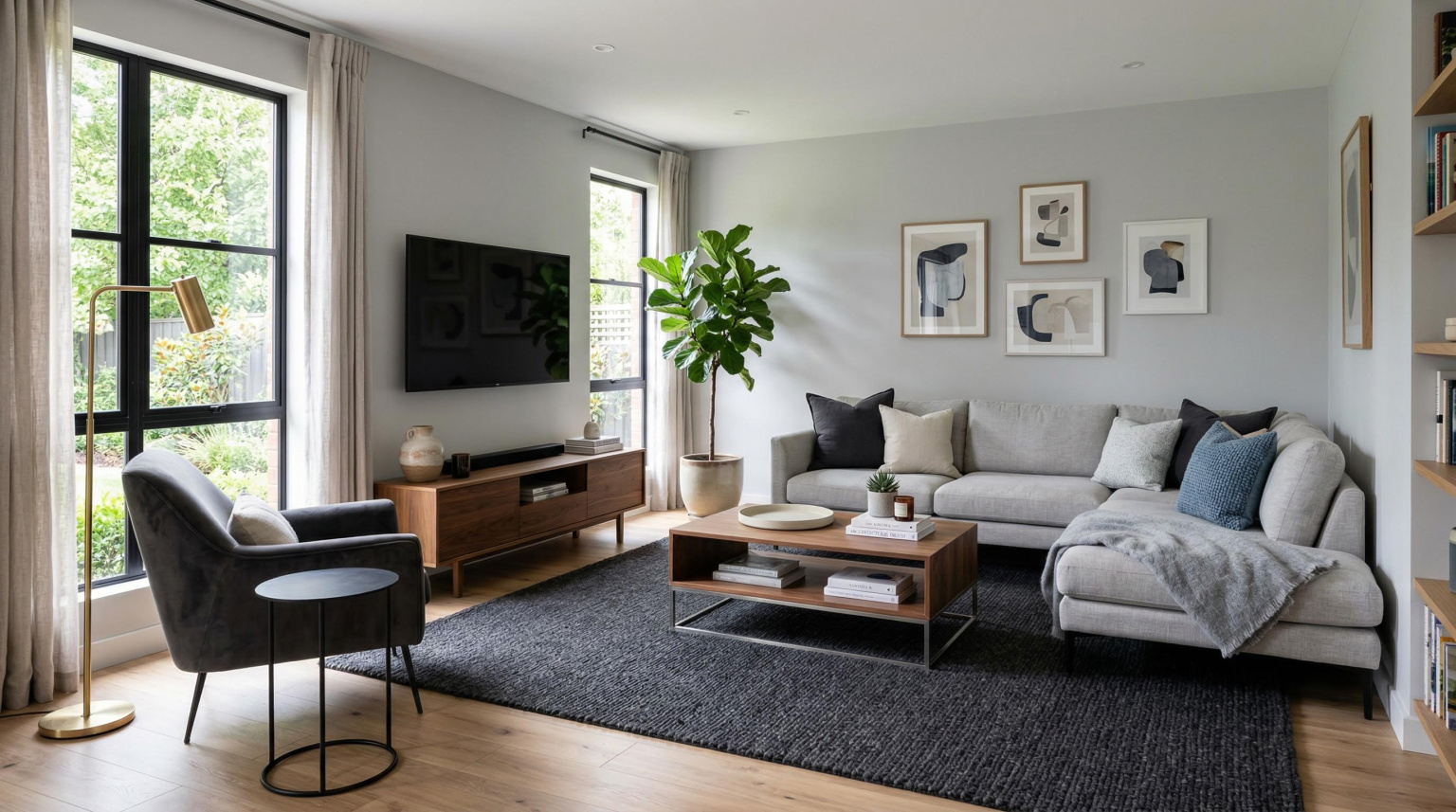 Modern living room with light gray walls and dark charcoal area rug