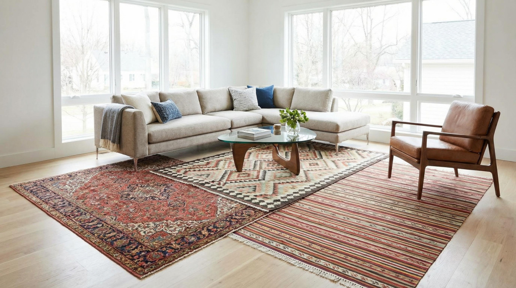 Layered eclectic rugs in modern interior