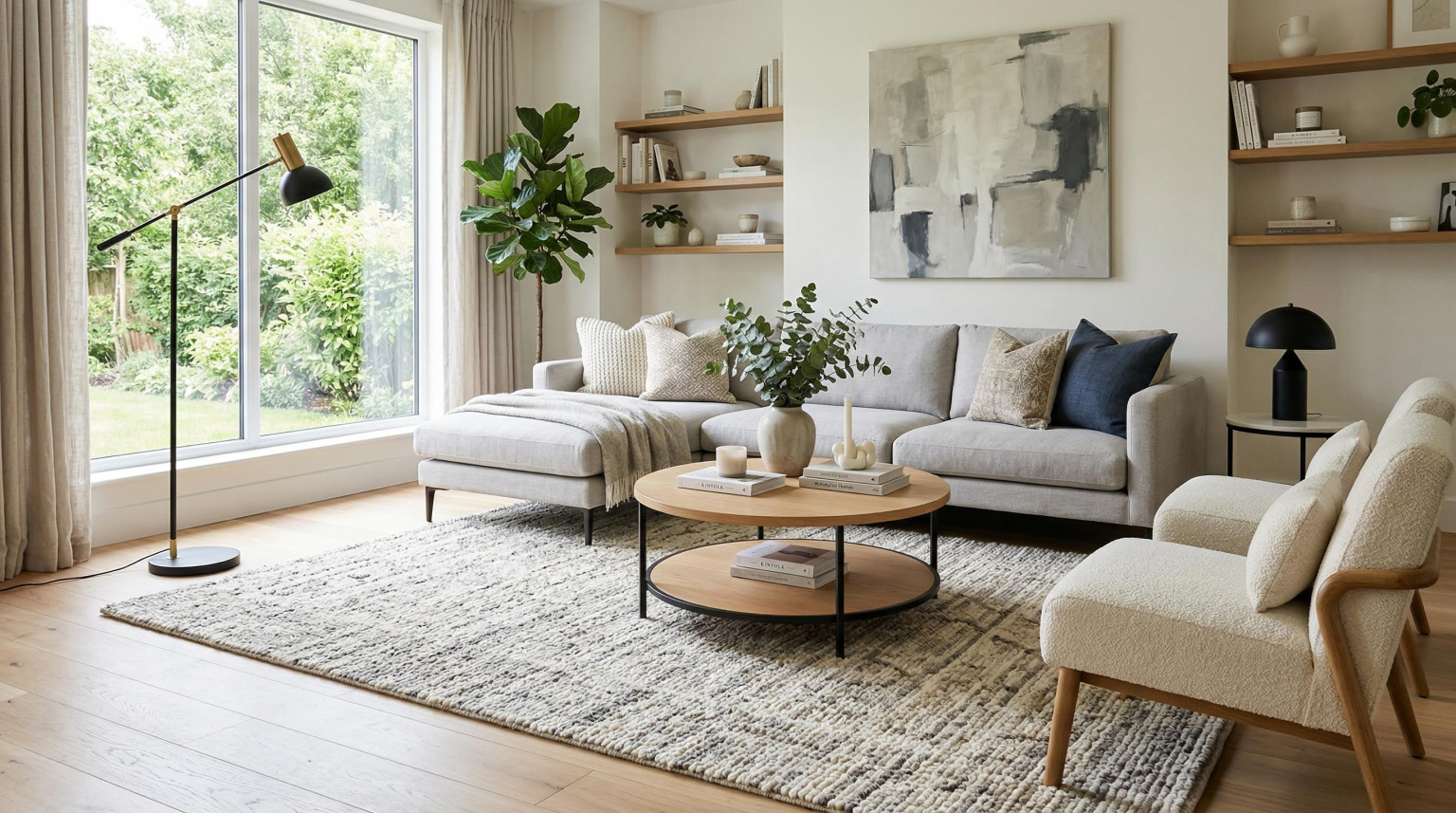 Modern living room styled with a neutral hooked wool rug