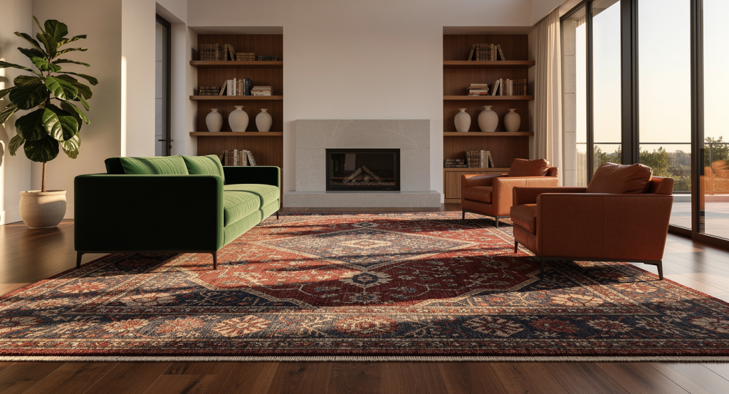 Living room featuring an antique oriental rug