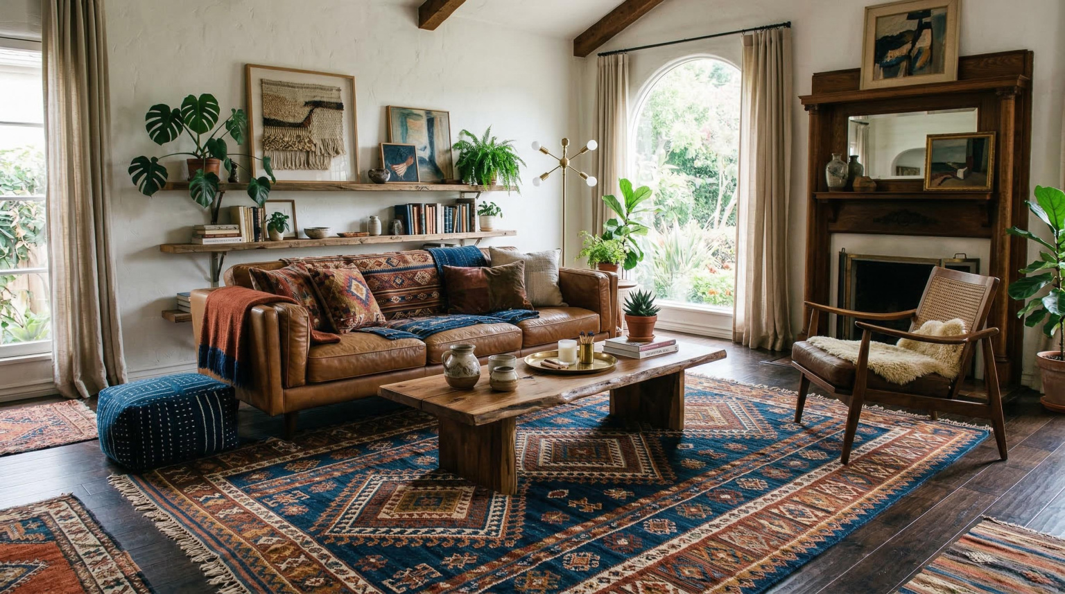 Large hand-knotted bohemian rug with geometric tribal pattern in deep indigo and rust tones anchoring a layered living room with mismatched vintage furniture
