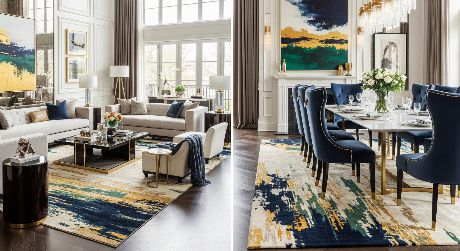 Coordinated rugs with shared color accents in an open-plan interior