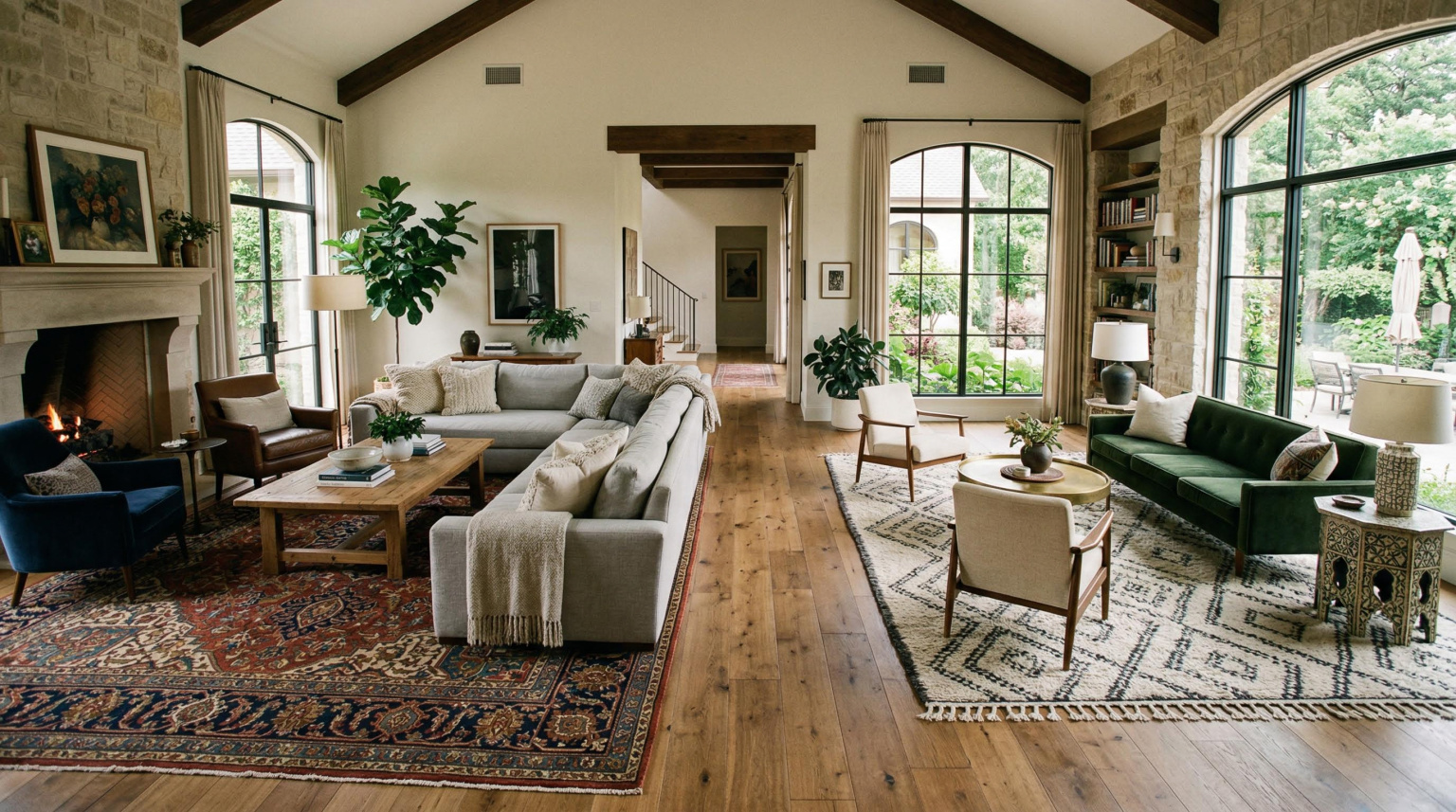 Large living room divided into two seating zones with separate area rugs