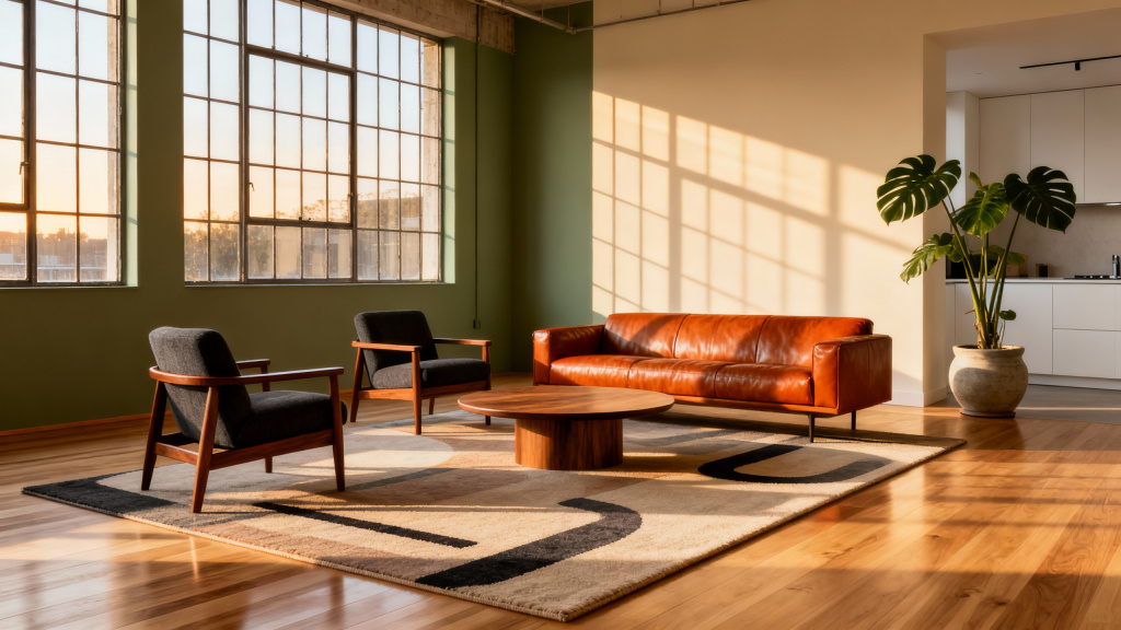 An open-plan space where a mid-century inspired rug subtly defines the seating area.