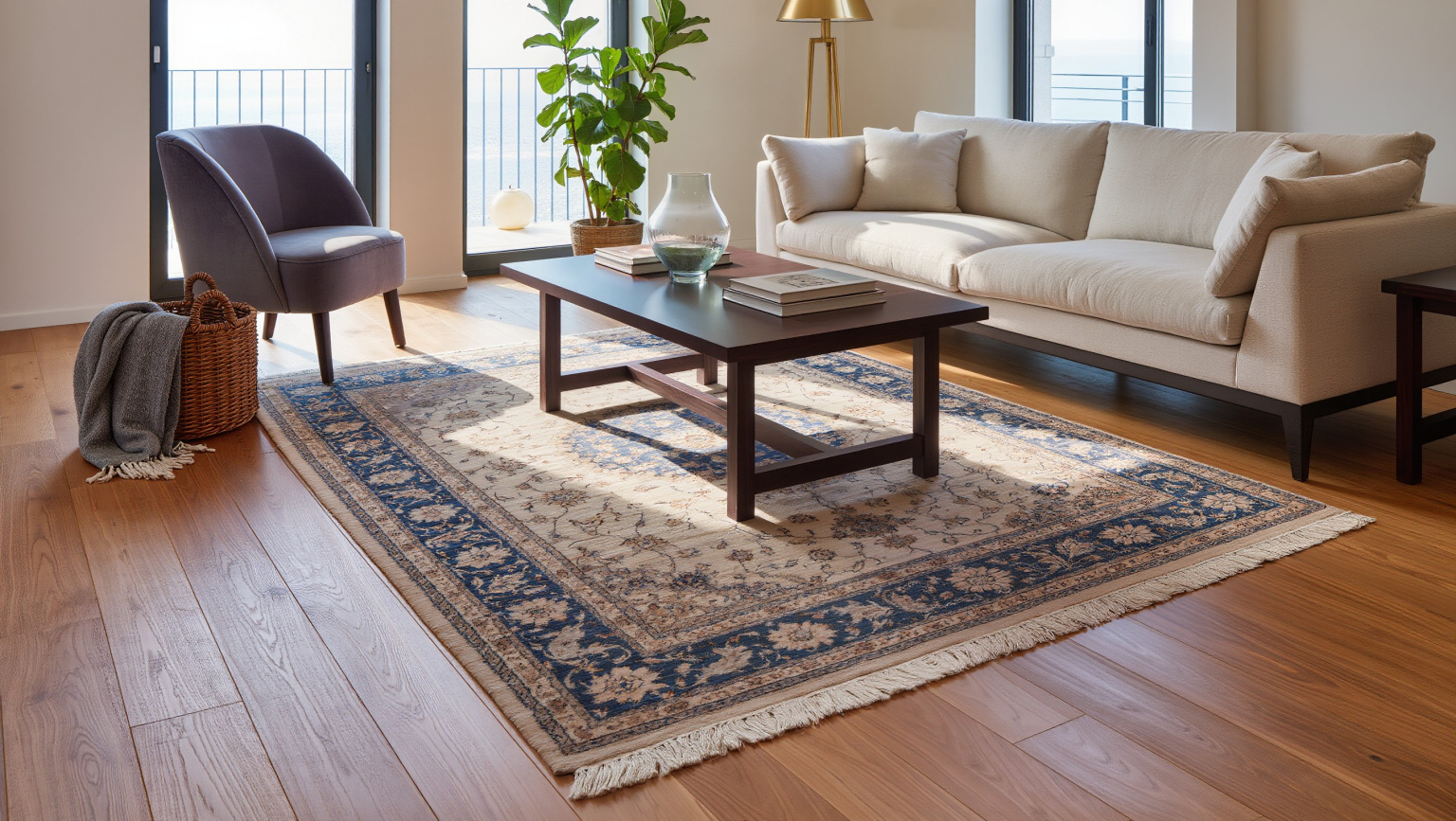area rug underpad sized slightly smaller than the rug edges