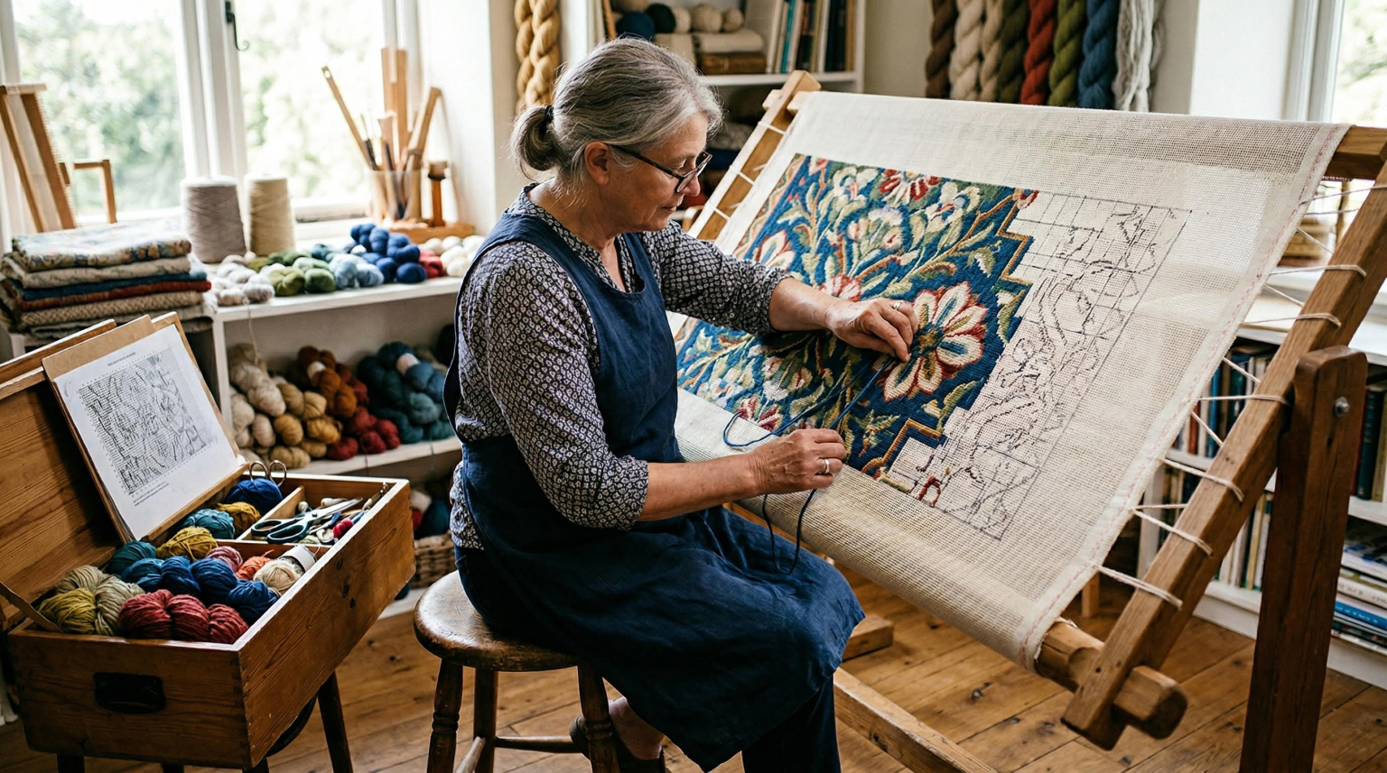 Artisan stitching a needlepoint rug on stretched canvas frame