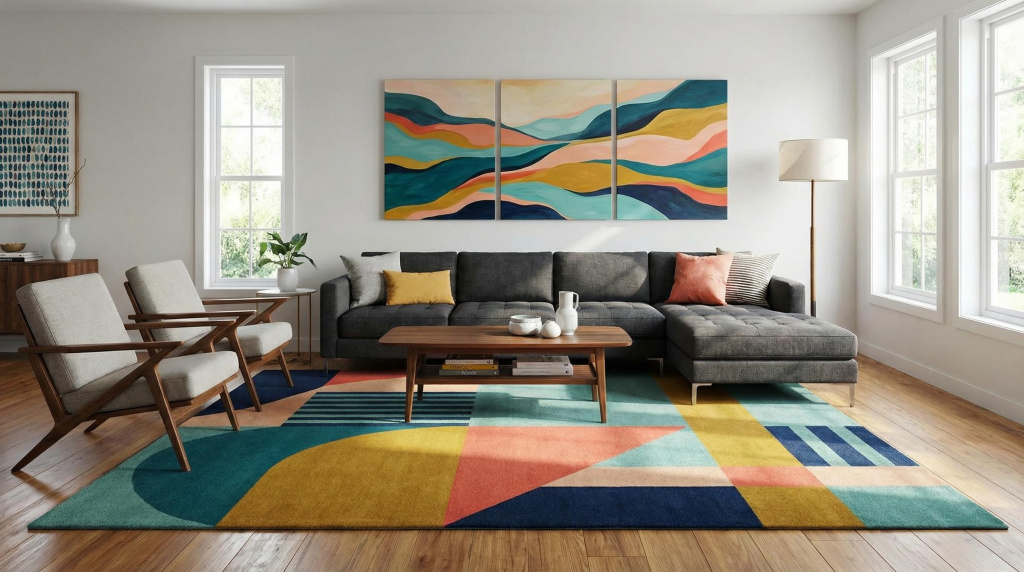 Modern living room with colorful rug and complementary wall art