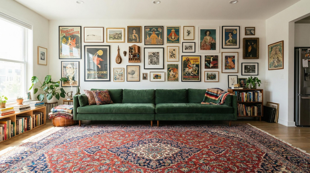 Gallery wall above a large living room rug