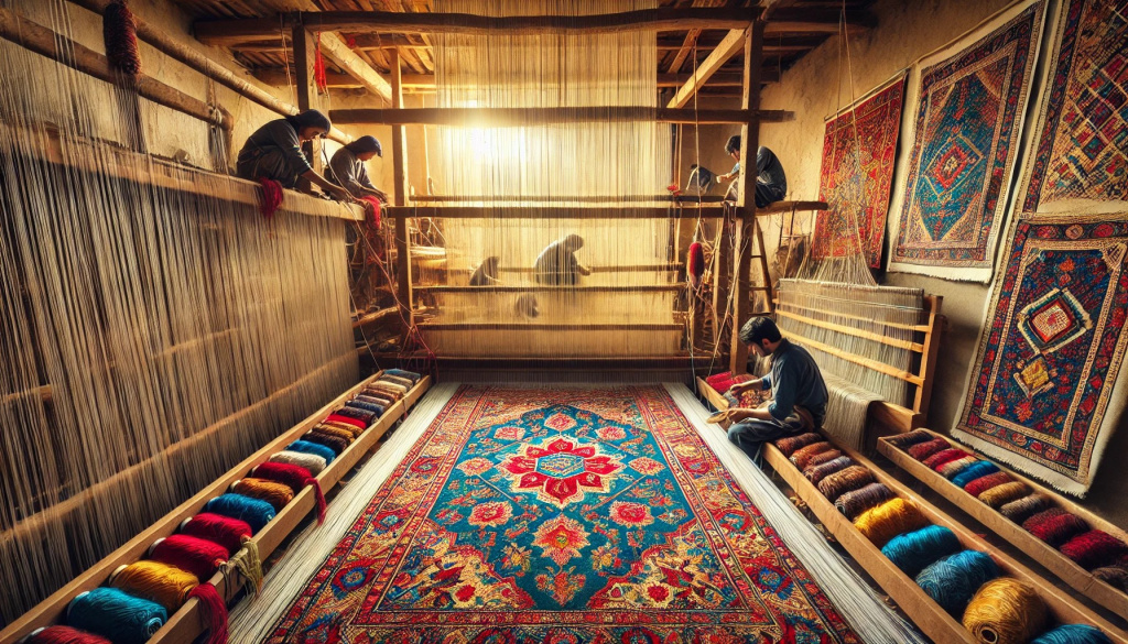Artisans working on a hand-knotted rug on a vertical loom