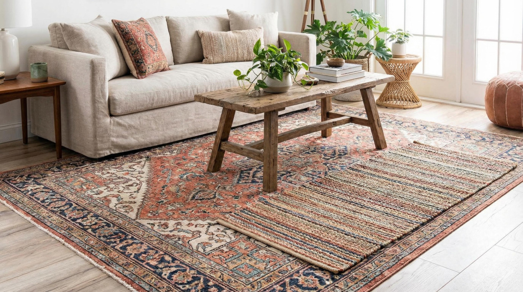 Runner rug layering in living room