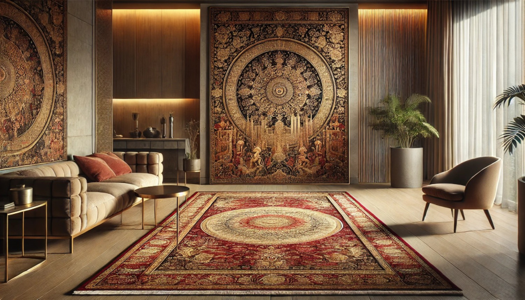 Living room with a luxurious handmade antique rug