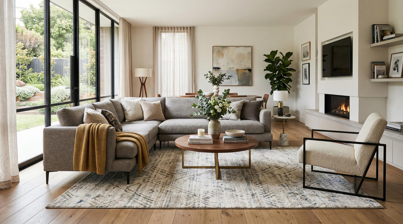 Modern living room with wool and viscose blend rug under seating area
