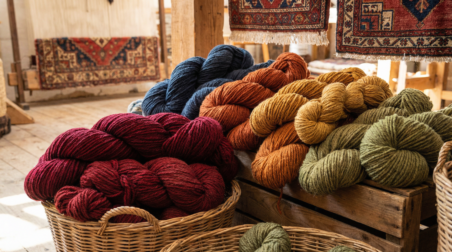 Naturally dyed wool yarns in rich reds, blues, and earth tones used for Persian rugs