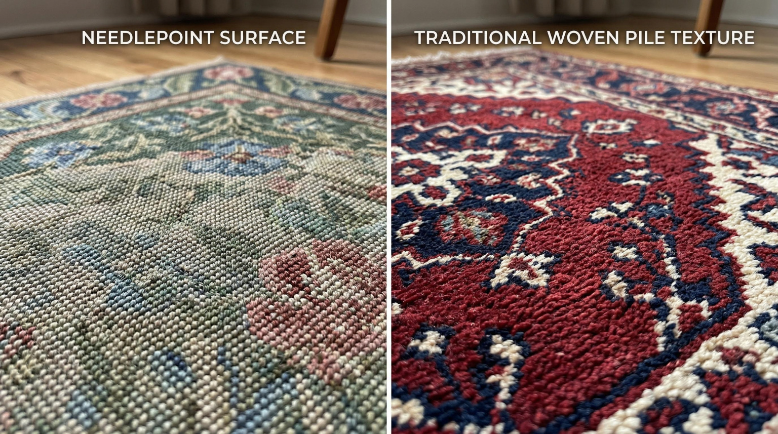 Comparison of needlepoint rug surface and traditional woven rug texture