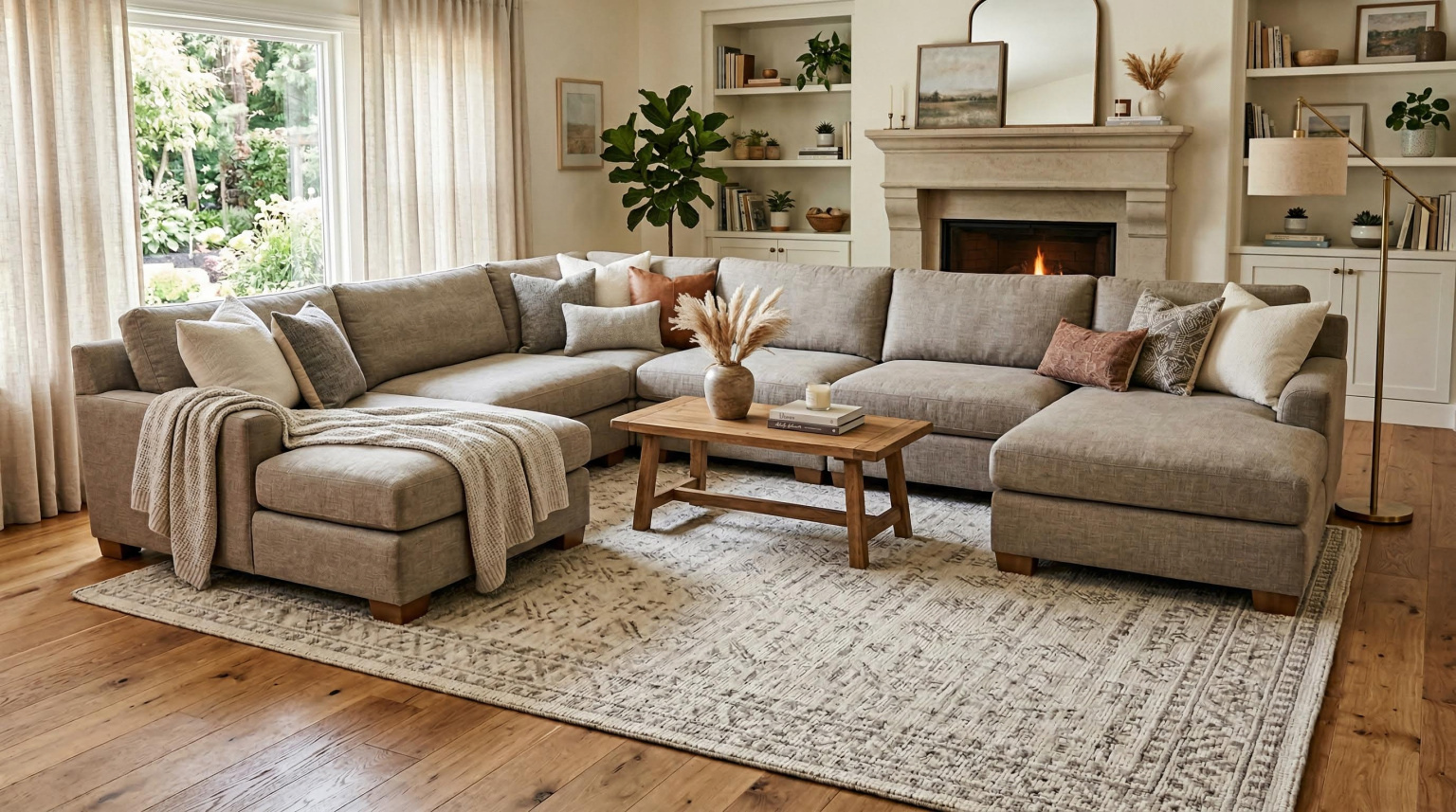 Large U-shaped sectional with all legs positioned on a neutral area rug