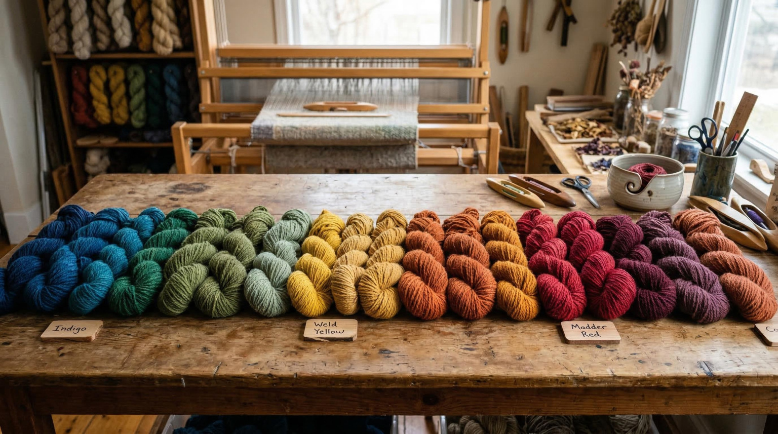 Array of naturally dyed wool yarns in earthy and jewel tones arranged by color gradient for rug making