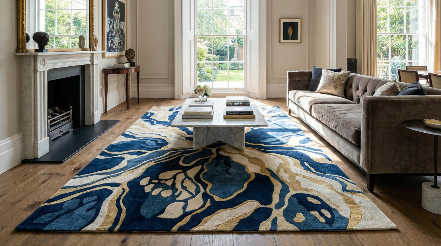 Flat lay of a finished bespoke hand-knotted rug with a contemporary geometric medallion design in deep indigo and ivory