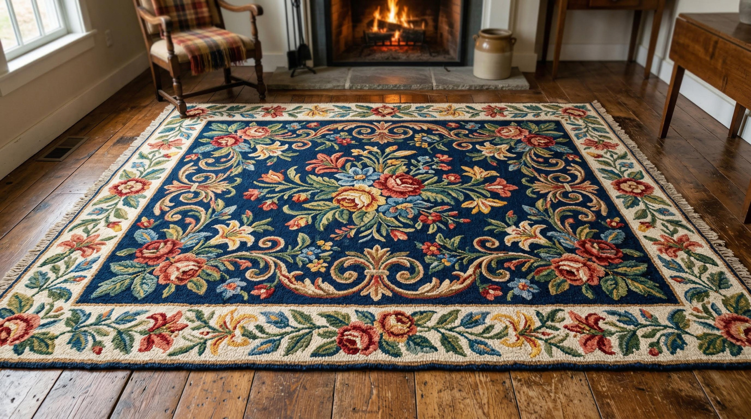 Traditional floral hooked rug with bold pattern and textured surface