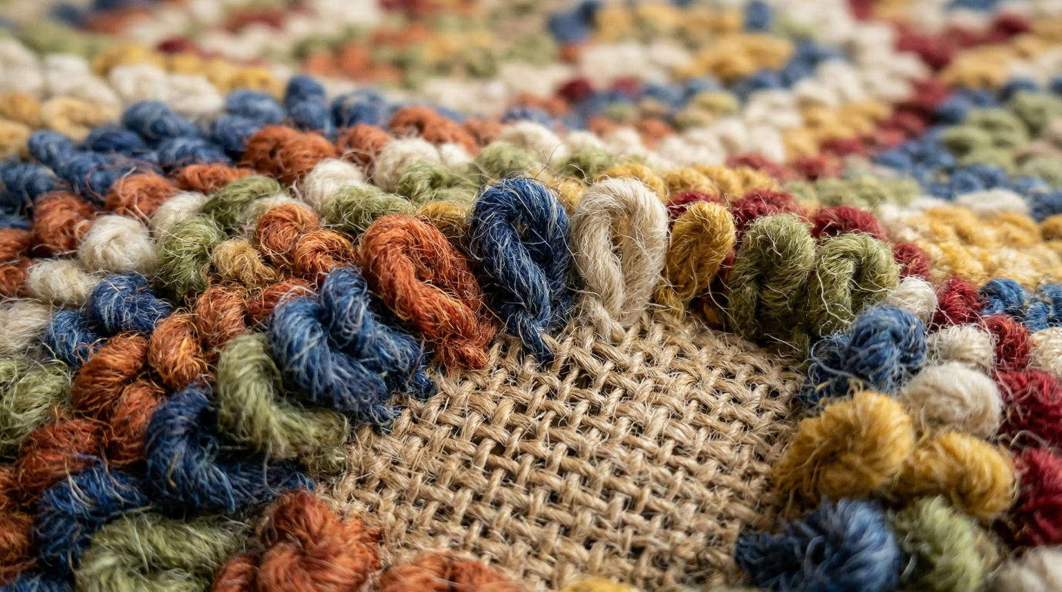 Close-up of a hooked rug showing yarn loops pulled through fabric backing