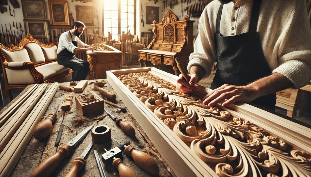 Artisans hand-carving Italian furniture in a workshop
