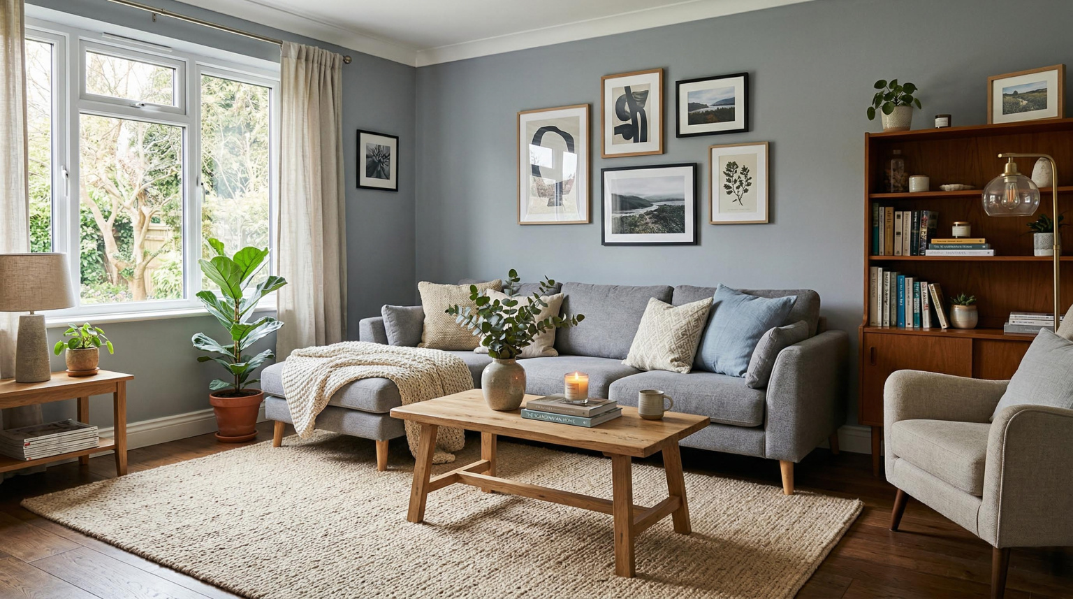 Living room with cool gray walls and warm beige wool rug