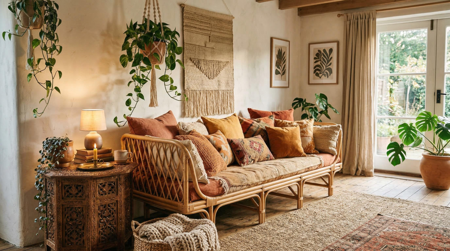 Bohemian living room with low-slung rattan sofa, layered cushions in terracotta and saffron tones, carved wooden side table and trailing houseplants in warm ambient light