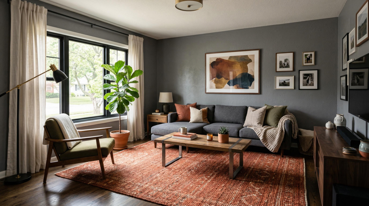 Gray walled living room featuring a rust colored area rug