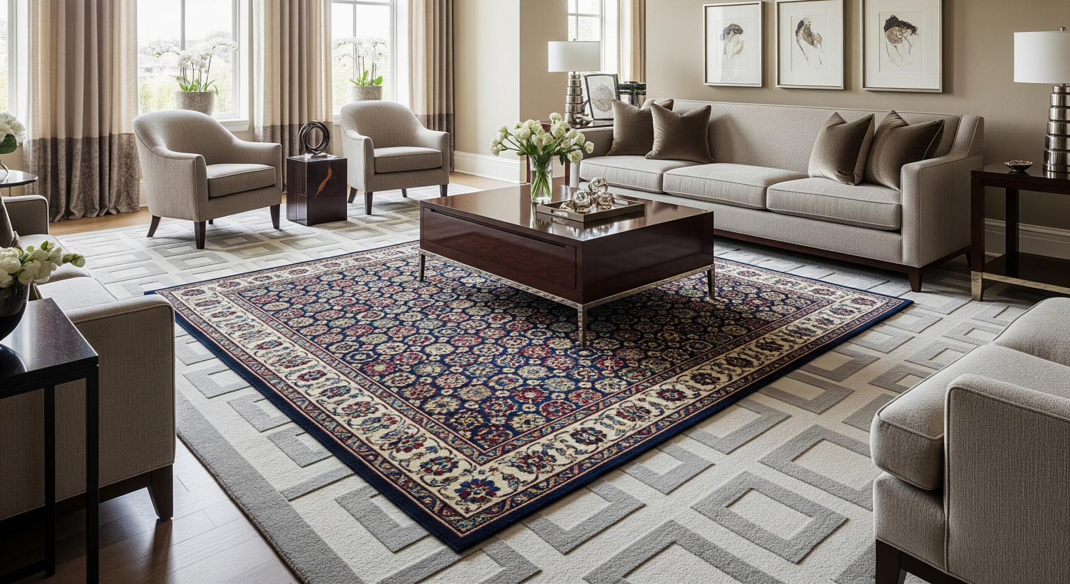 Layered rugs with contrasting pattern scales in a living room setting