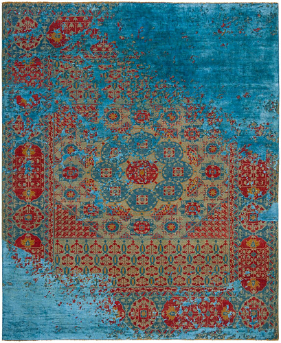 Turquoise Red Hand Knotted Wool & Silk Rug