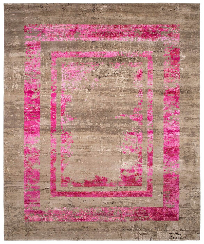 Hand-Knotted Artwork Wool & Silk Pink Rug