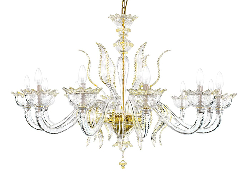 Elegant 12-Light Murano Chandelier in 24K Gold Finish