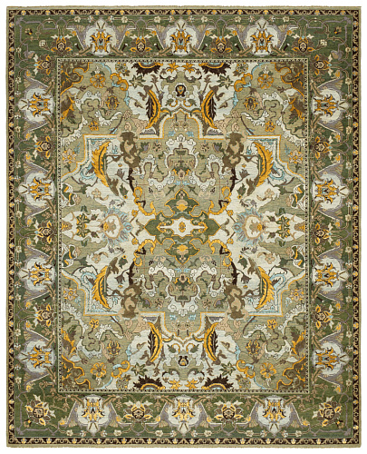Oriental Polonaise Hand-Knotted Green Rug